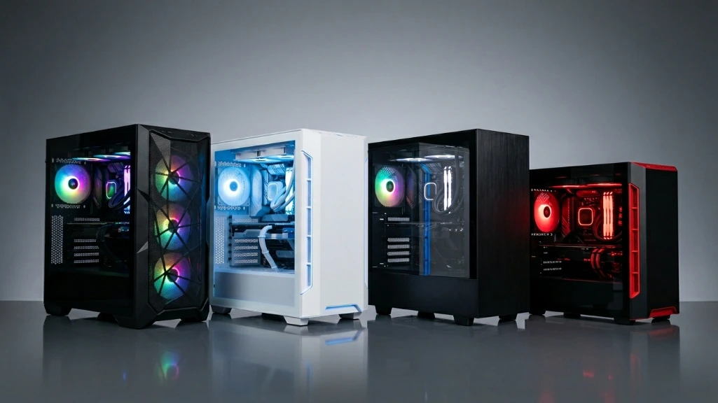 four gaming PC towers under $1000 arranged side by side showing different case designs and RGB lighting configurations