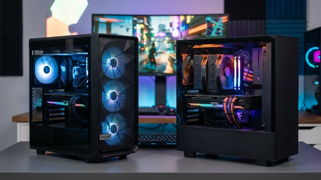 two gaming PC cases side by side comparing mesh front panel with visible fans versus solid front panel design