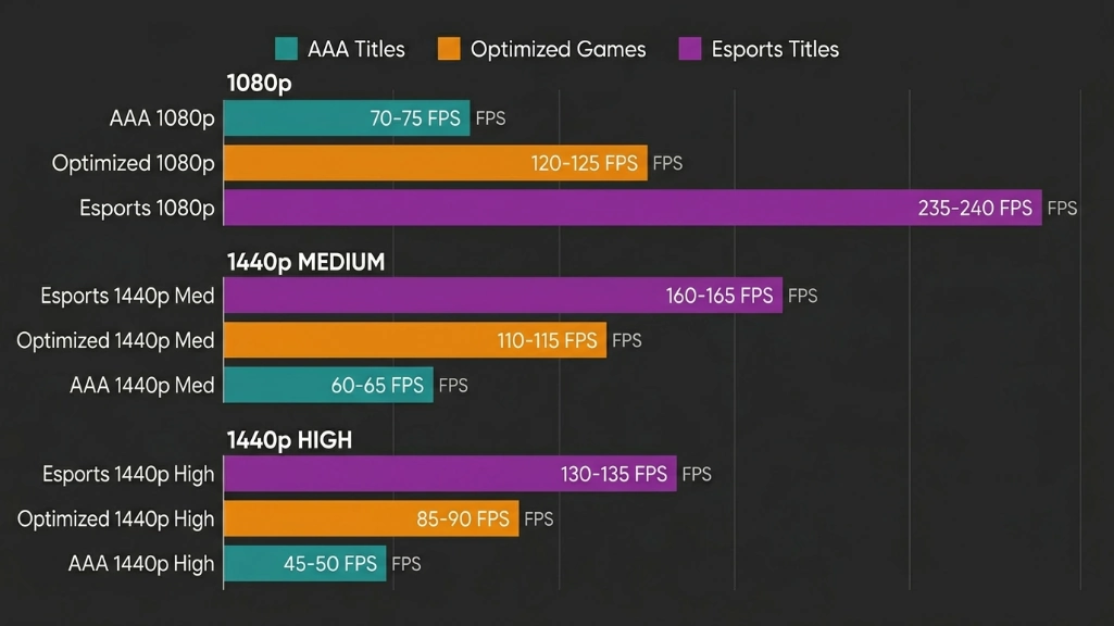 bar chart comparing gaming performance in FPS across different resolutions showing AAA, optimized, and esports title framerates