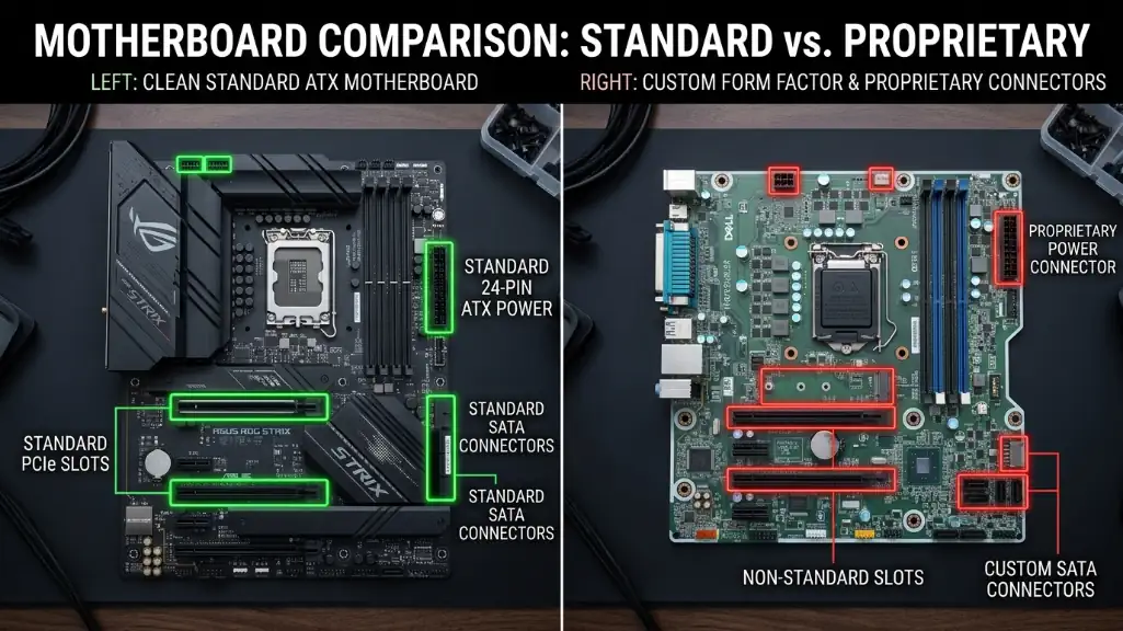split comparison showing standard ATX motherboard with regular connectors versus proprietary motherboard with custom connectors