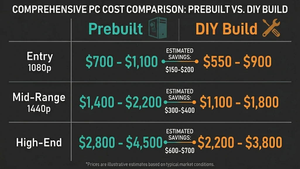 price comparison chart showing prebuilt versus DIY build costs across entry, mid-range, and high-end gaming PC tiers