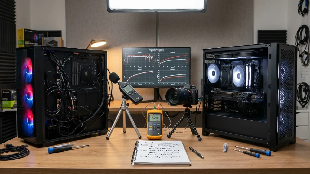 two gaming PC systems being tested side by side in professional review lab with sound meter, temperature probe, and performance monitoring equipment