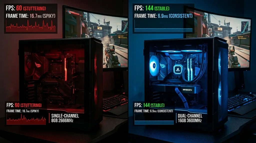 split screen comparison showing underperforming single channel RAM setup with low FPS versus optimized dual channel configuration with high stable frame rates