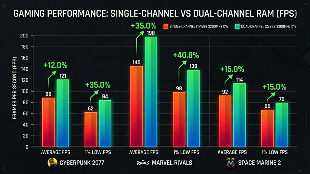 bar graph showing FPS comparison between single-channel and dual-channel RAM configurations across cyberpunk 2077, marvel rivals, and space marine 2
