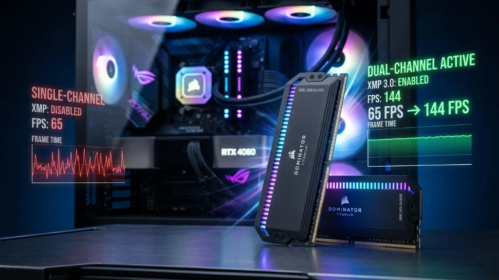 professional product photography of high-performance DDR5 RAM modules with performance metrics overlay showing FPS improvements and dual-channel configuration indicators for gaming optimization
