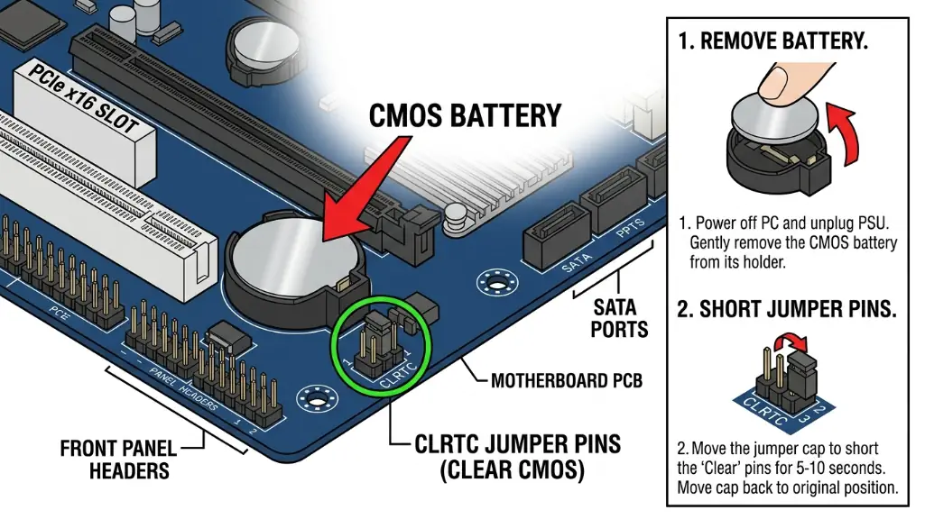 motherboard diagram showing CMOS battery location and clear CMOS jumper pins for BIOS reset procedure