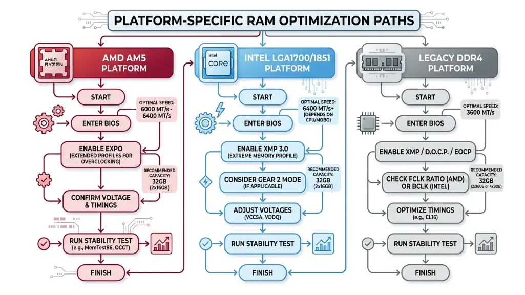 flowchart showing recommended RAM configurations for AMD AM5, Intel LGA1700/1851, and legacy DDR4 platforms