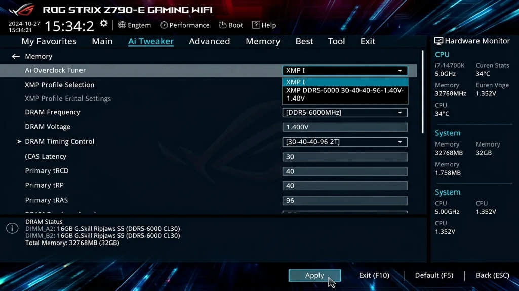 UEFI BIOS screen showing XMP profile dropdown menu with profile 1 selected and RAM specifications displayed