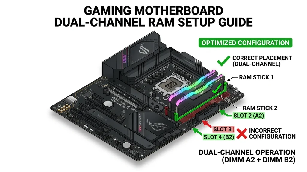 Alt Text: motherboard diagram showing proper dual-channel RAM installation with sticks in slots 2 and 4 highlighted in green and incorrect slots 1 and 3 marked in red