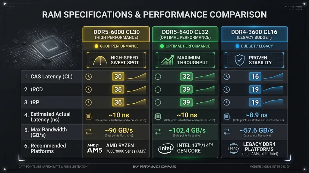 comparison chart showing RAM timing specifications, bandwidth, and latency across DDR5-6000, DDR5-6400, and DDR4-3600 configurations