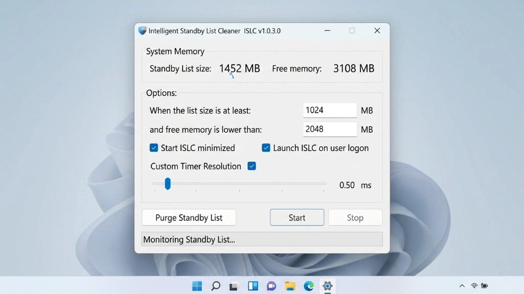 intelligent standby list cleaner interface showing recommended threshold settings and enabled auto-start options