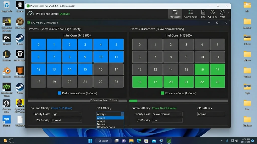 process lasso interface showing game assigned to performance cores and background apps assigned to efficiency cores