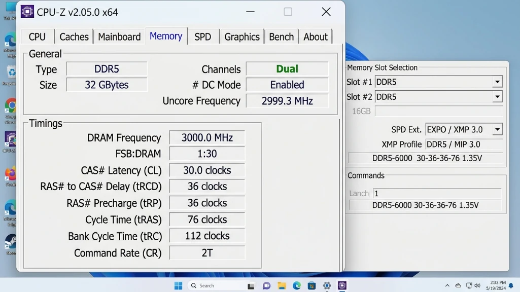 CPU-Z memory tab displaying dual-channel status, DDR5 specifications, and active XMP profile information