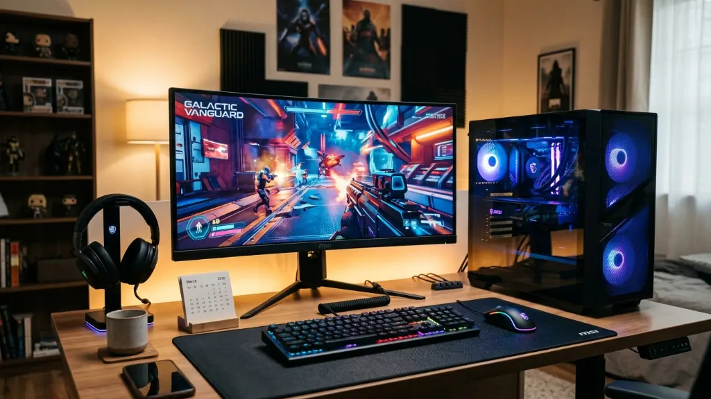 Complete MSI Codex Z2 gaming setup with 1440p monitor, RGB peripherals, and organized desk layout March 2026