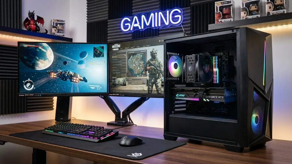 MSI Codex Z2 gaming desktop with RTX 5070 graphics card in modern dual-monitor gaming setup