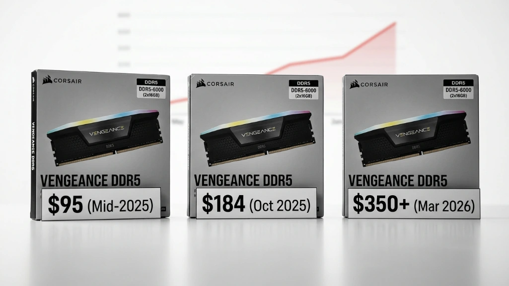 DDR5 RAM price increase visualization showing 32GB kit pricing from $95 to $350 between mid-2025 and March 2026