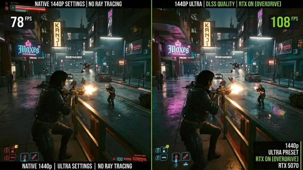 Cyberpunk 2077 gameplay at 1440p ultra showing 78 FPS without ray tracing and 108 FPS with DLSS on RTX 5070
