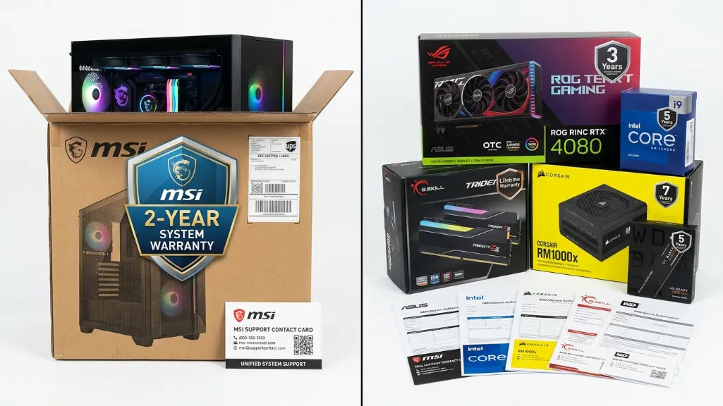 Warranty comparison showing MSI 2-year system warranty versus individual component warranties ranging from 3 years to lifetime