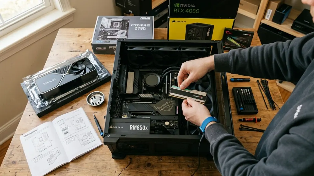 PC builder installing components showing custom build assembly process with motherboard, graphics card, and tools