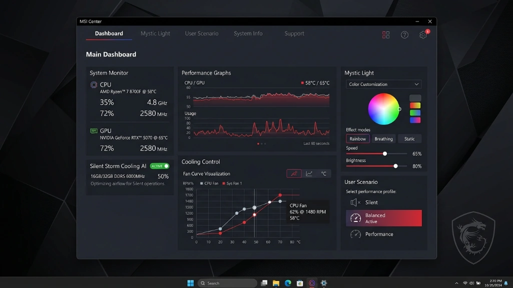 MSI Center software dashboard showing CPU/GPU temperatures, Silent Storm Cooling AI, and RGB Mystic Light controls