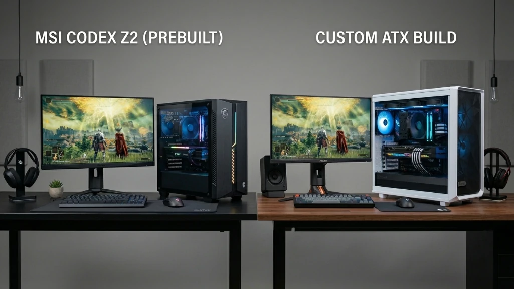 Side-by-side comparison of MSI Codex Z2 prebuilt gaming PC versus custom-built ATX tower showing design differences