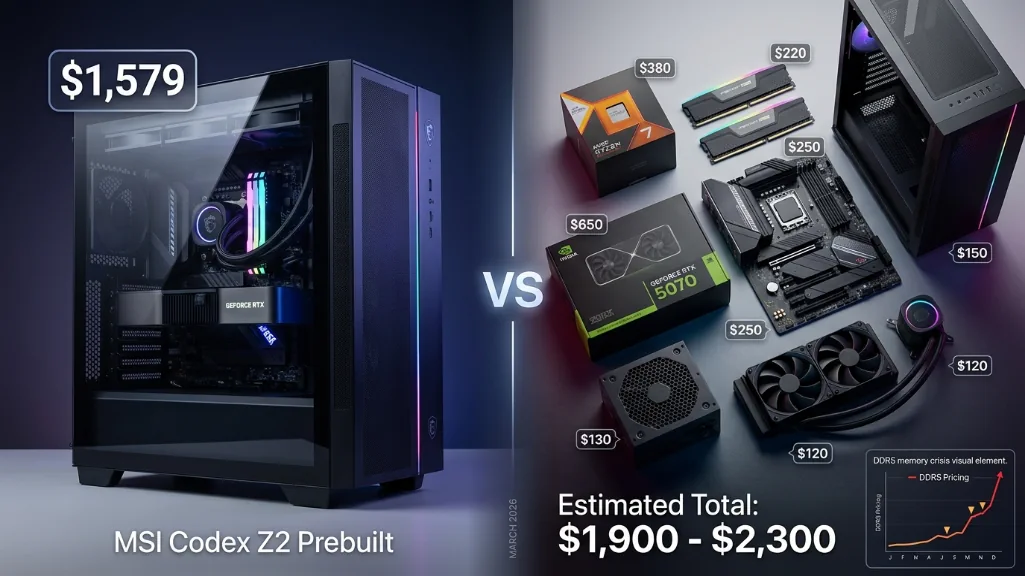 MSI Codex Z2 prebuilt at $1,579 versus custom build components totaling $1,900-2,300 showing March 2026 value comparison