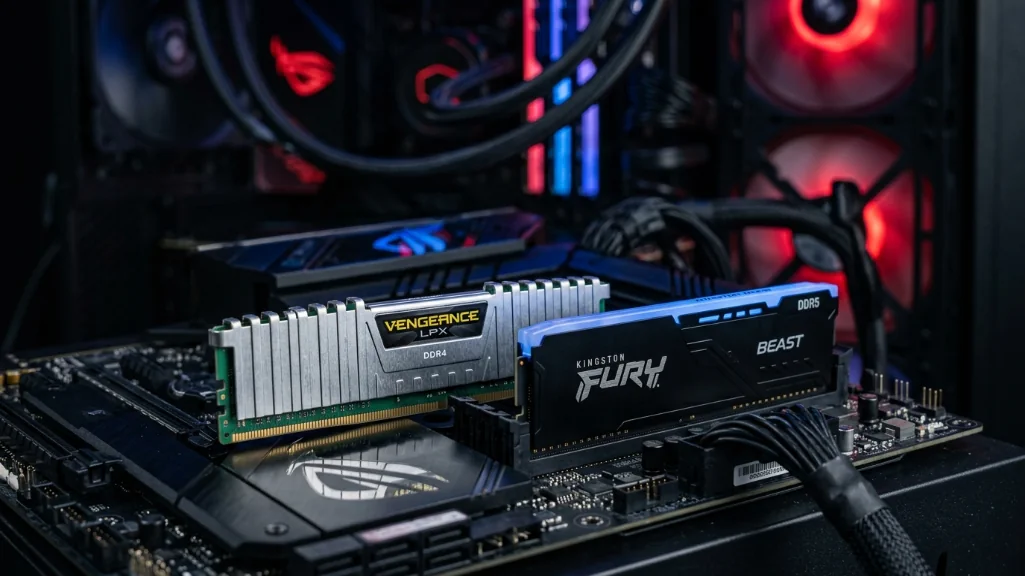 DDR4 vs DDR5 RAM modules side by side inside a gaming PC build
