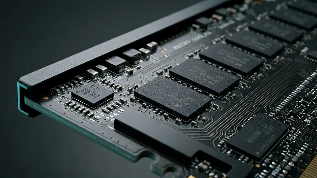 DDR5 RAM module close-up showing DRAM chips and integrated PMIC on PCB