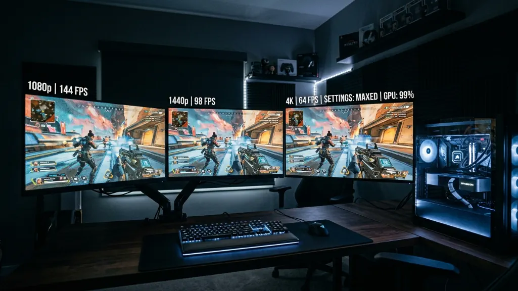 three gaming monitors displaying 1080p 1440p and 4K gaming resolutions side by side in dark room setup