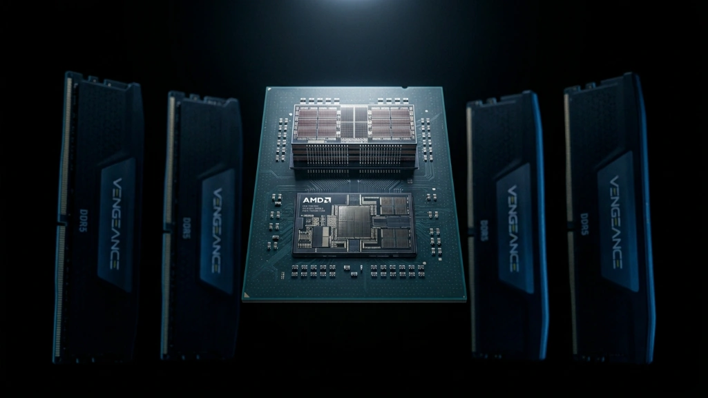 AMD Ryzen X3D processor die with 3D V-Cache stack illuminated surrounded by DDR5 RAM modules in dark background
