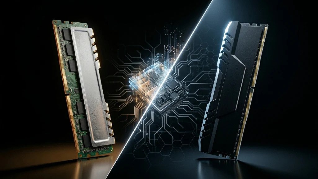 DDR4 and DDR5 RAM modules split composition with cinematic lighting contrast on dark background