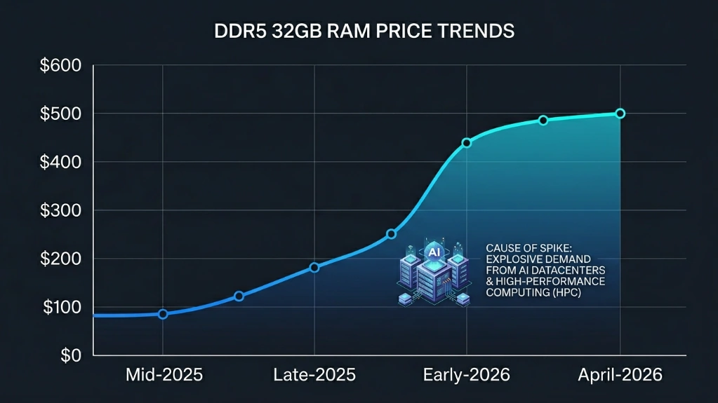 DDR5 32GB RAM price evolution chart showing increase from $80-100 in mid-2025 to $380-500 in April 2026 due to AI datacenter demand