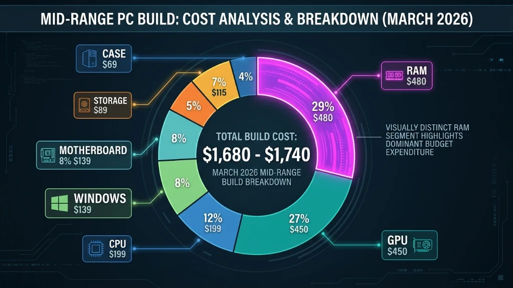  DIY PC component cost breakdown pie chart highlighting RAM at $420-480 consuming 28% of total $1,680-1,740 budget in March 2026