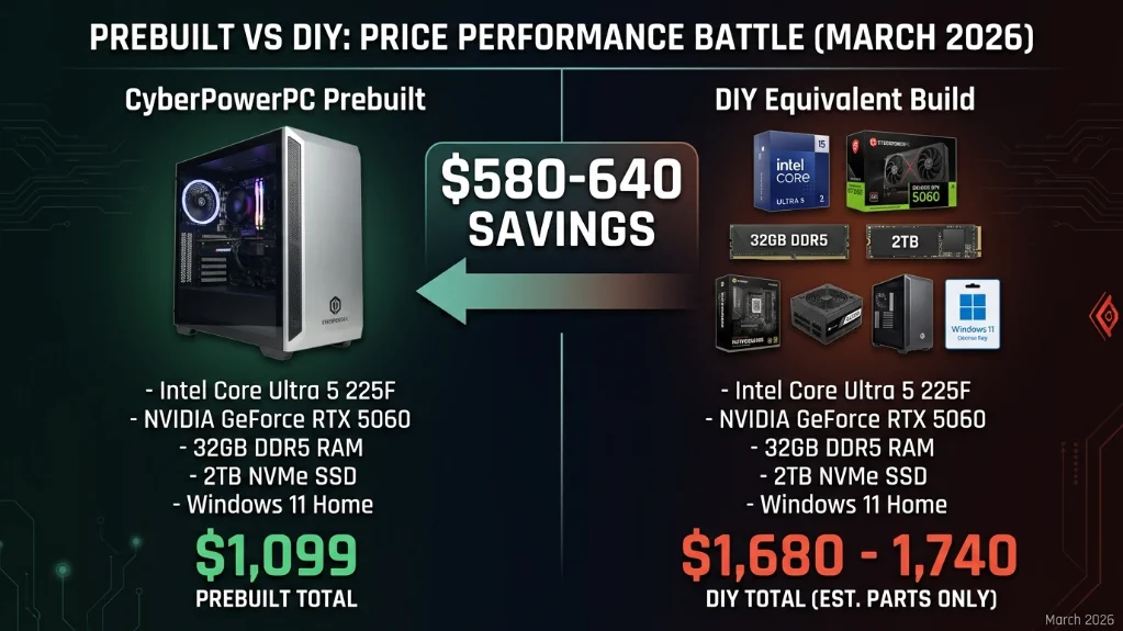 Side-by-side price comparison showing CyberPowerPC Gamer Xtreme prebuilt at $1,099 versus equivalent DIY build at $1,680-1,740, illustrating $580-640 prebuilt savings