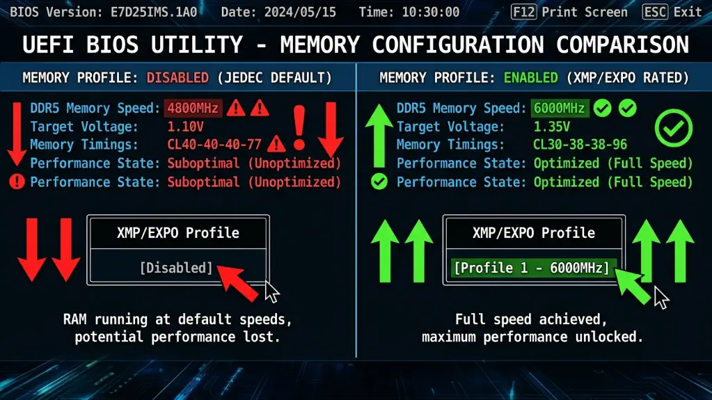  BIOS interface comparison showing DDR5 memory running at default 4800MHz when XMP/EXPO disabled versus rated 6000MHz when enabled