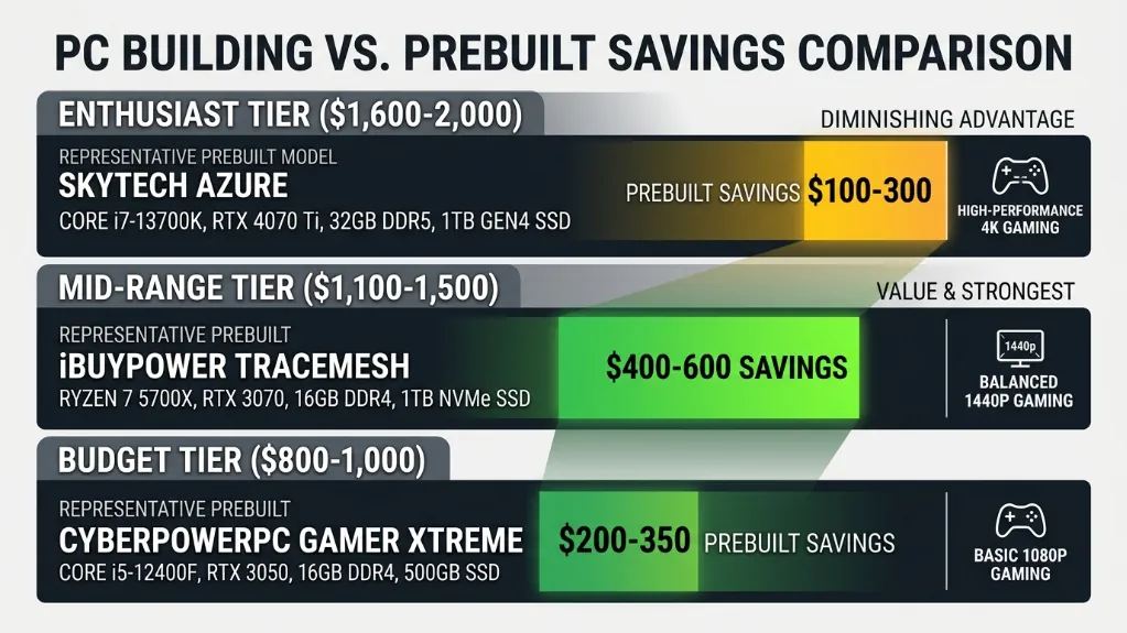 Price tier breakdown chart showing prebuilt savings of $200-350 at budget tier, $400-600 at mid-range tier, and $100-300 at enthusiast tier in 2026 market