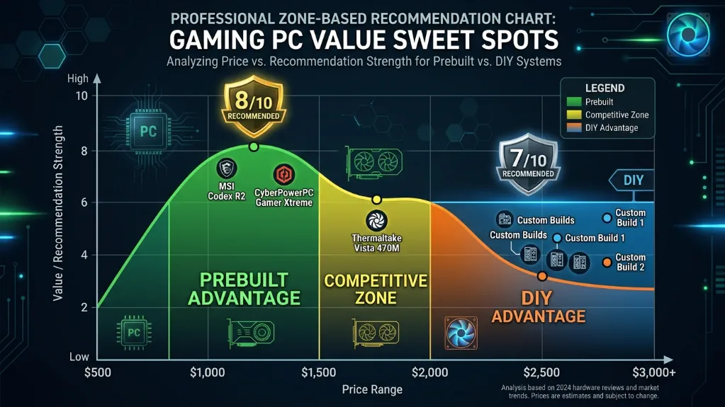 Value zone chart showing prebuilt advantage at $800-1,500 price range, competitive zone at $1,500-2,000, and DIY advantage above $2,000 based on testing