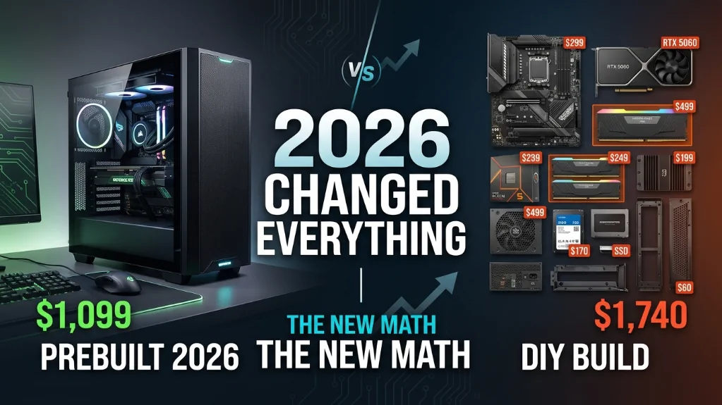 Prebuilt gaming PC at $1,099 versus DIY component build at $1,740 comparison showing 2026 market shift where prebuilts became price-competitive