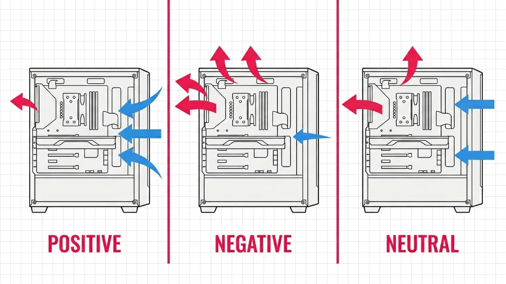 Infographic comparing positive negative and neutral pressure airflow inside an ATX gaming PC case