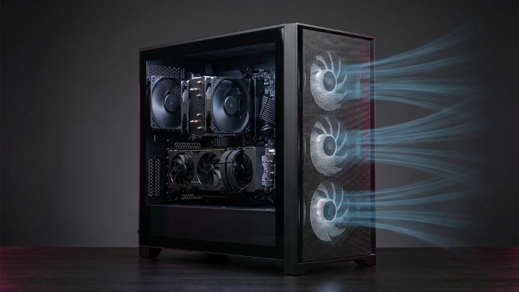 Mid-tower gaming PC with mesh front panel and three intake fans showing positive pressure airflow setup