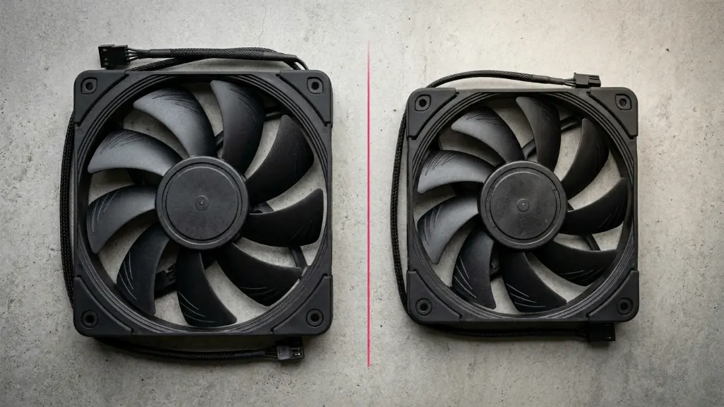 140mm and 120mm PC case fans side by side showing size difference