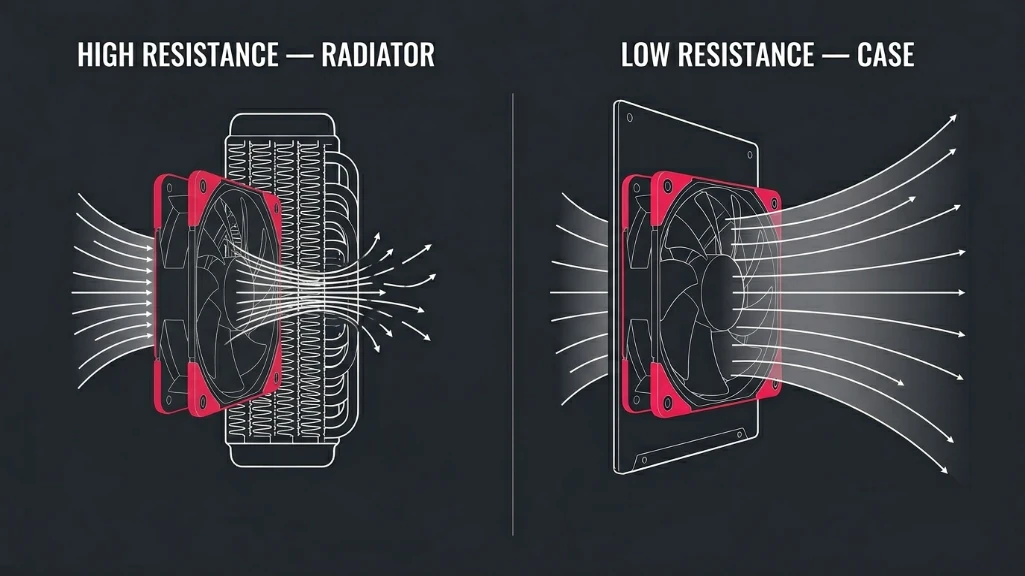 Diagram comparing static pressure fan on radiator versus airflow fan in open case panel