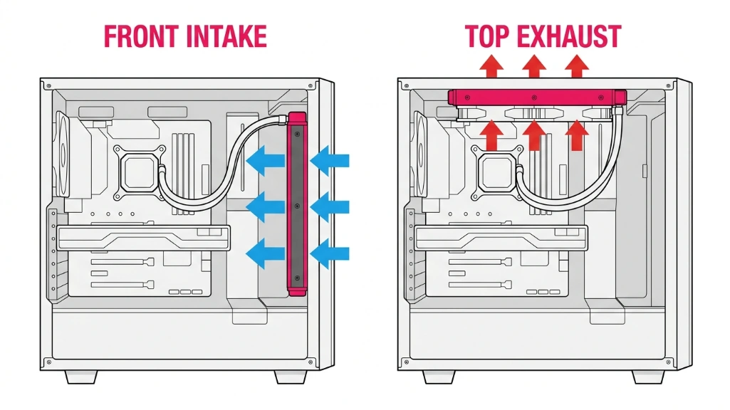 Diagram comparing AIO radiator front intake versus top exhaust mounting in ATX gaming PC case