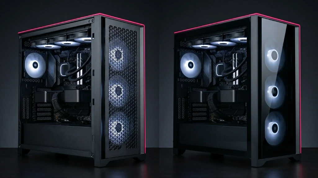 Mid-tower gaming PC with mesh front panel compared to identical case with glass front panel