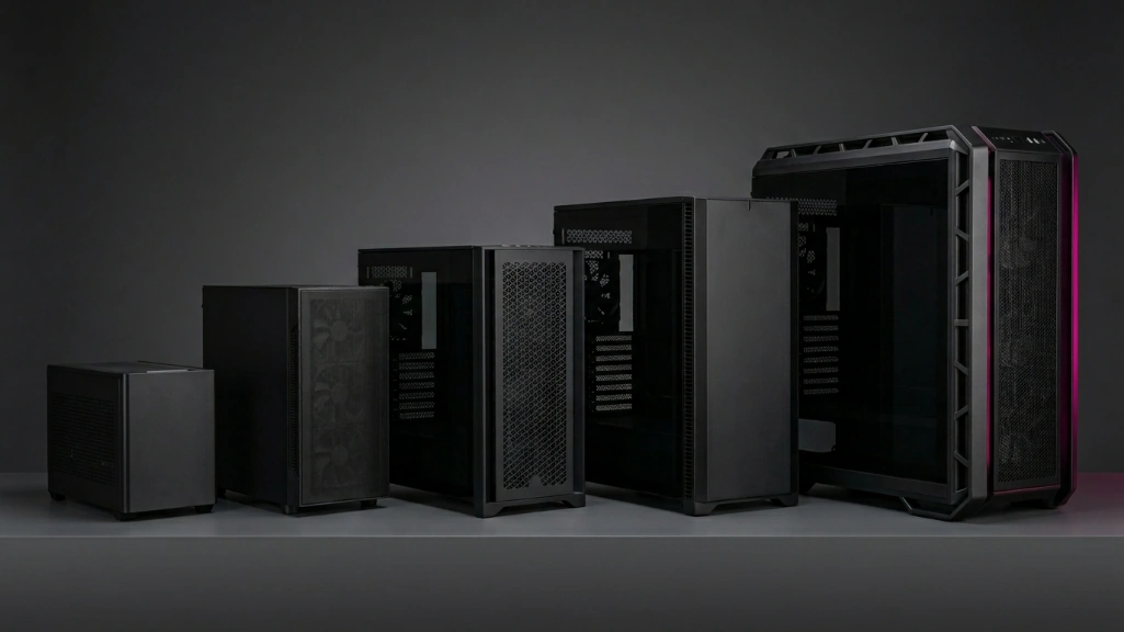 Five gaming PC cases lined up showing size progression from mini-ITX to super tower