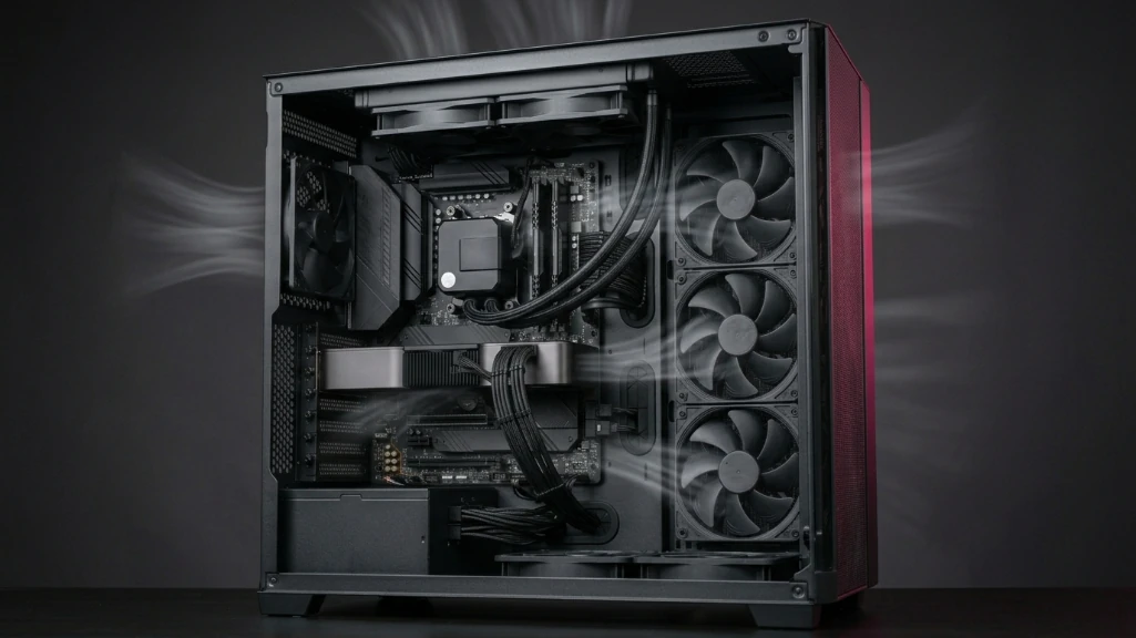 Gaming PC interior with optimized fan setup showing airflow direction through mesh front intake and top exhaust