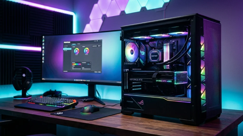 Completed RGB gaming PC build in Phanteks case with synchronized rainbow lighting, desktop setup with monitor and peripherals