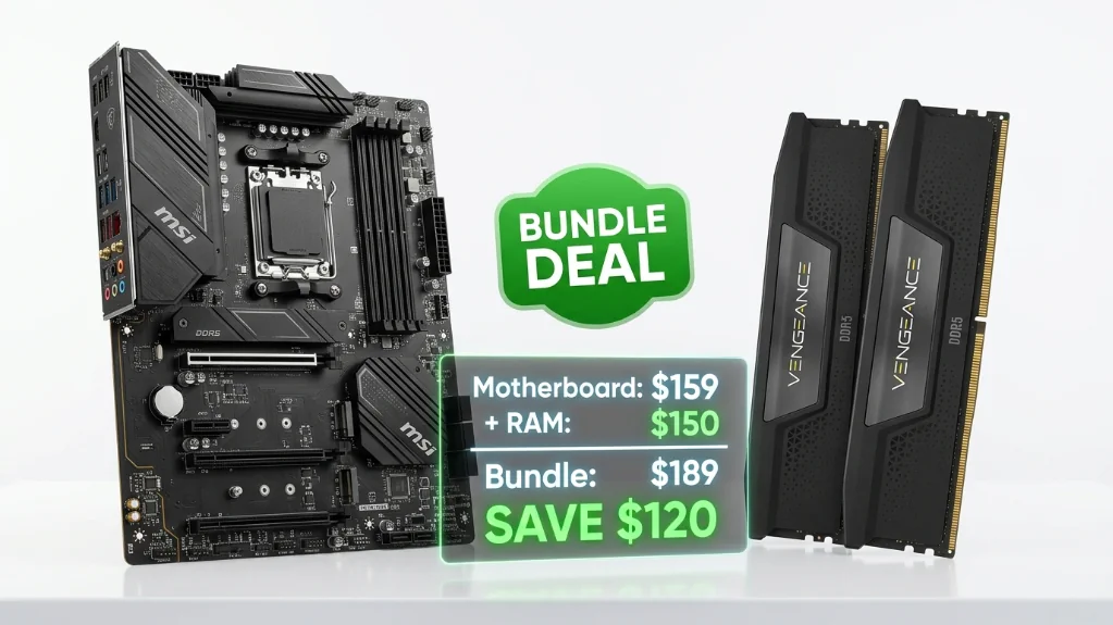 MSI B650 Gaming Plus WiFi motherboard and Corsair DDR5 RAM bundle deal showing $189 total price with $120 savings