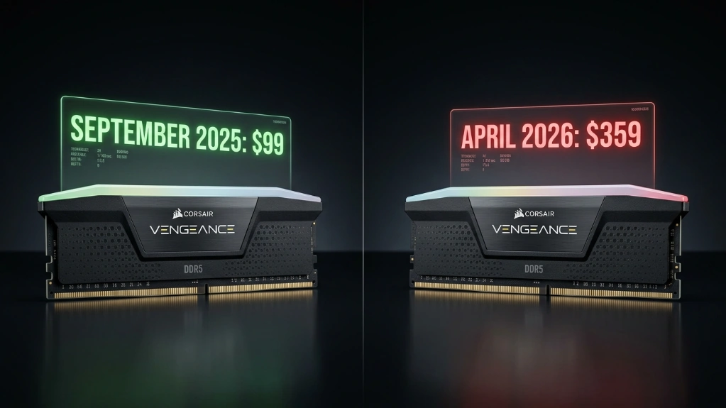 DDR5 RAM pricing comparison showing Corsair Vengeance kit price increase from $99 to $359 between 2025 and 2026