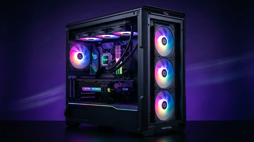 Phanteks Eclipse XT Pro Ultra black ATX case with four 140mm RGB fans displaying rainbow lighting effects